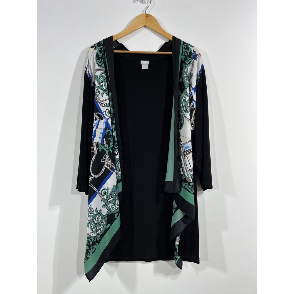 Chicos Travelers Old Money Preppy Scarf Print Open‎ Front Cardigan Nautical Sz 3